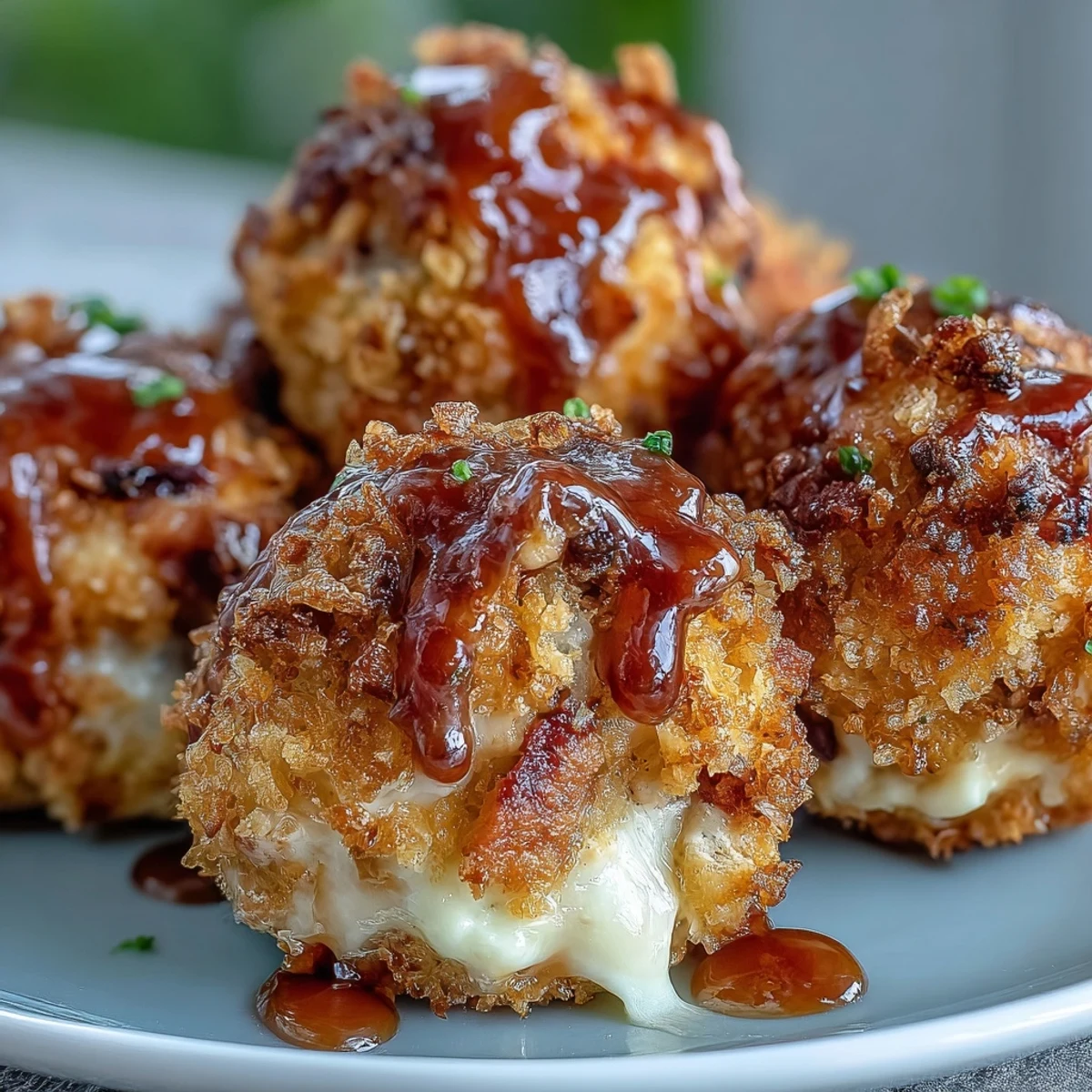 Freshly fried Buffalo Chicken Bacon Mozzarella Bombs, with gooey mozzarella and smoky bacon peeking from a golden, crunchy coating, served with ranch dip.  