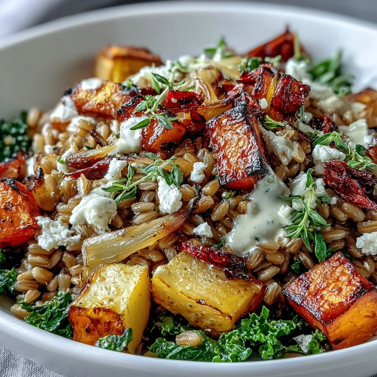 Fork-ready Hearty Winter Grain Bowl with sautéed kale, pumpkin seeds, and crumbled feta for a cozy vegetarian dinner.