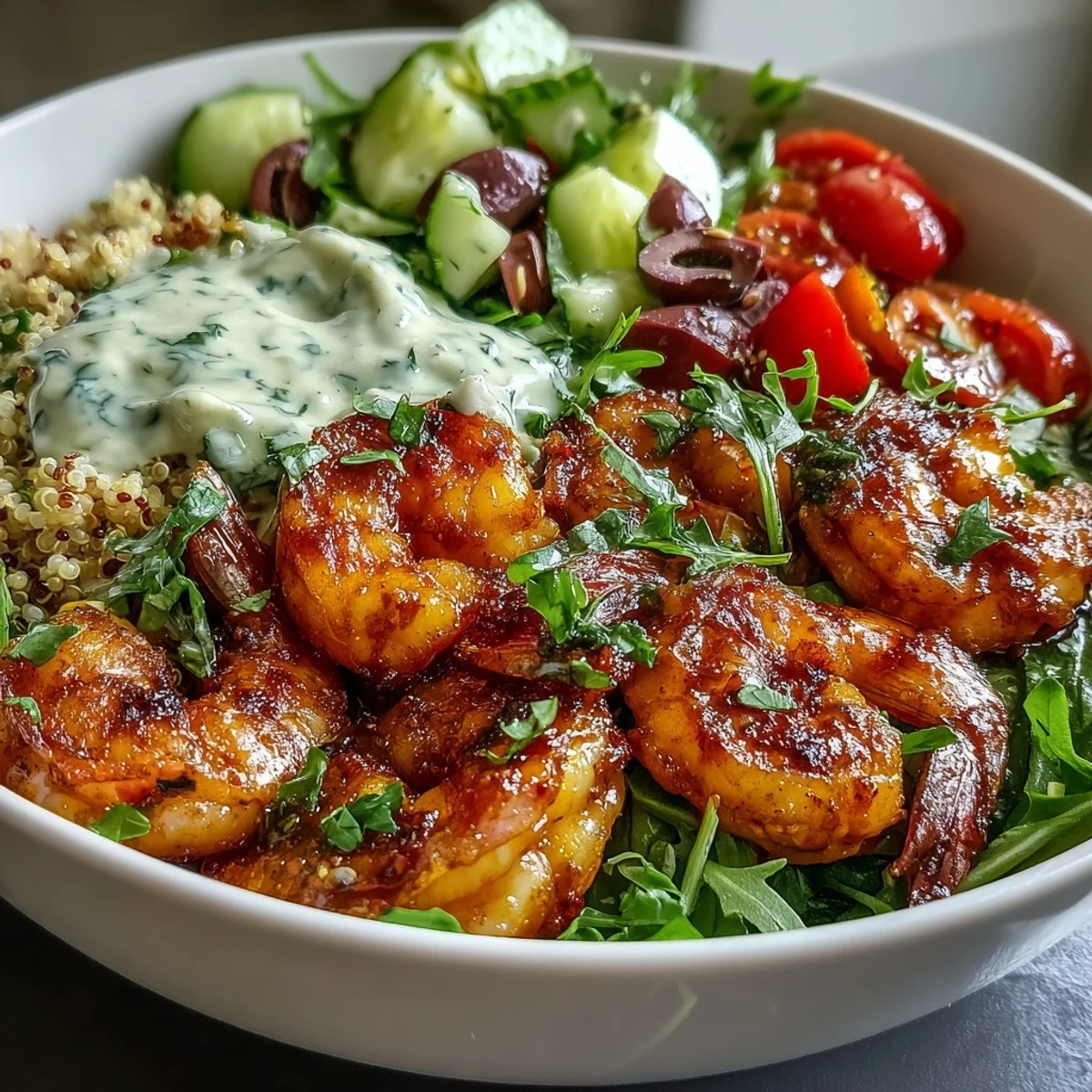 Bright Mediterranean Shrimp Bowl ingredients like cucumbers, tomatoes, and Kalamata olives are layered over spinach, topped with golden shrimp. 