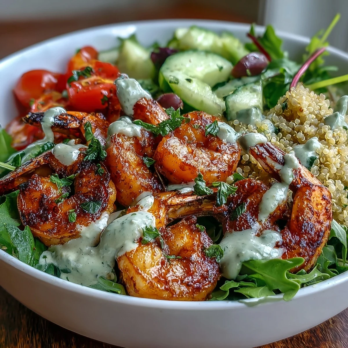 Plump sautéed shrimp glisten over quinoa and fresh veggies in a Mediterranean Shrimp Bowl, drizzled with creamy tahini sauce. 