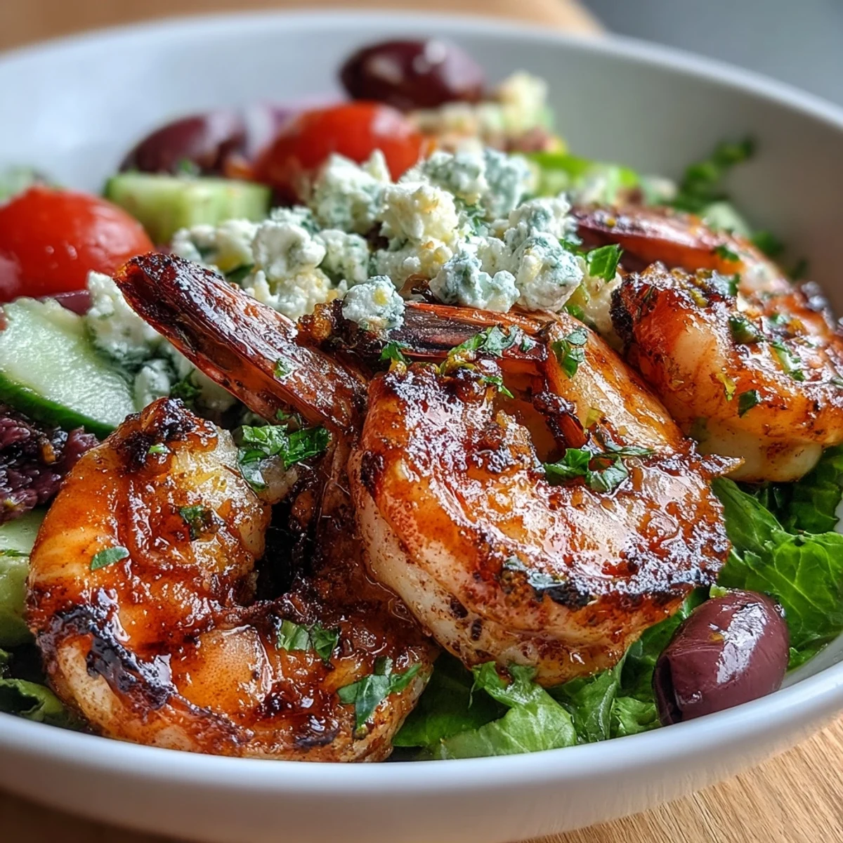 Plated Greek Shrimp Bowl with charred shrimp, diced cucumber, halved cherry tomatoes, and a drizzle of zesty lemon-olive oil dressing.