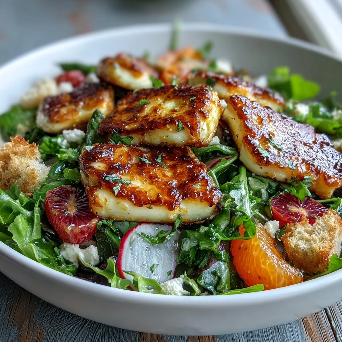 Crispy fried halloumi and blood orange segments on a bed of greens in Halloumi Blood Orange Fattoush.