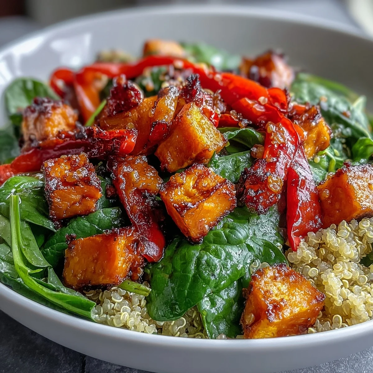 A hearty Warm Salad Bowl featuring wilted spinach, feta crumbles, and crunchy toasted pumpkin seeds.