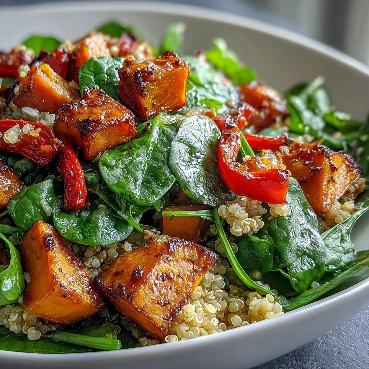 Fork-tender roasted vegetables and fluffy quinoa in the Warm Salad Bowl, drizzled with warm vinaigrette.