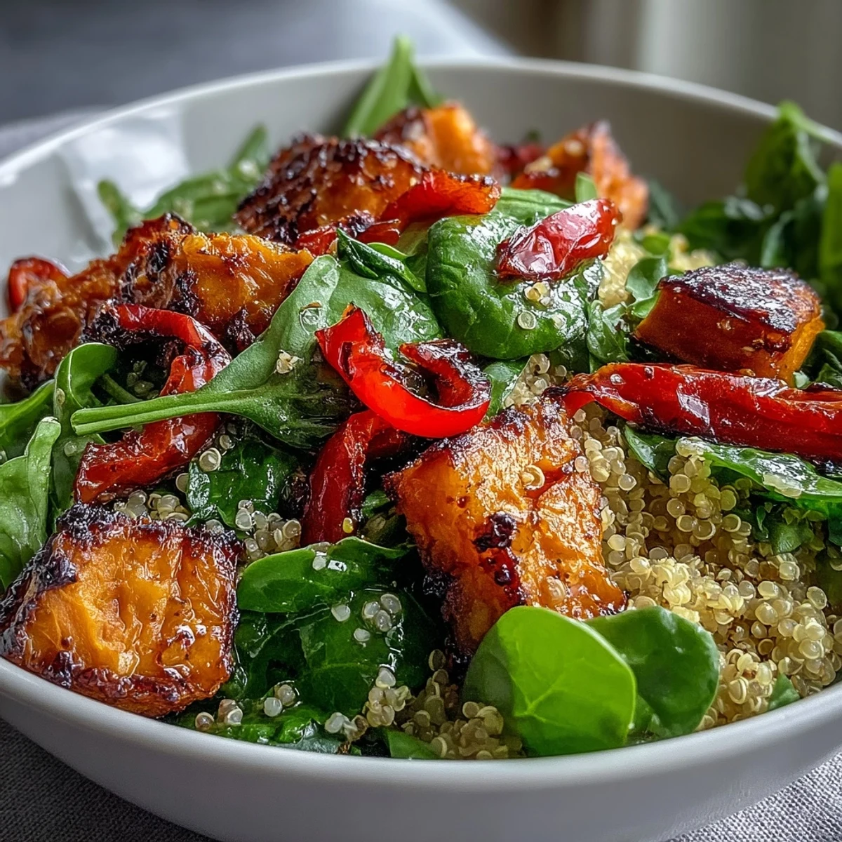 Healthy vegetarian Warm Salad Bowl with roasted sweet potato and red bell pepper, ready for lunch.