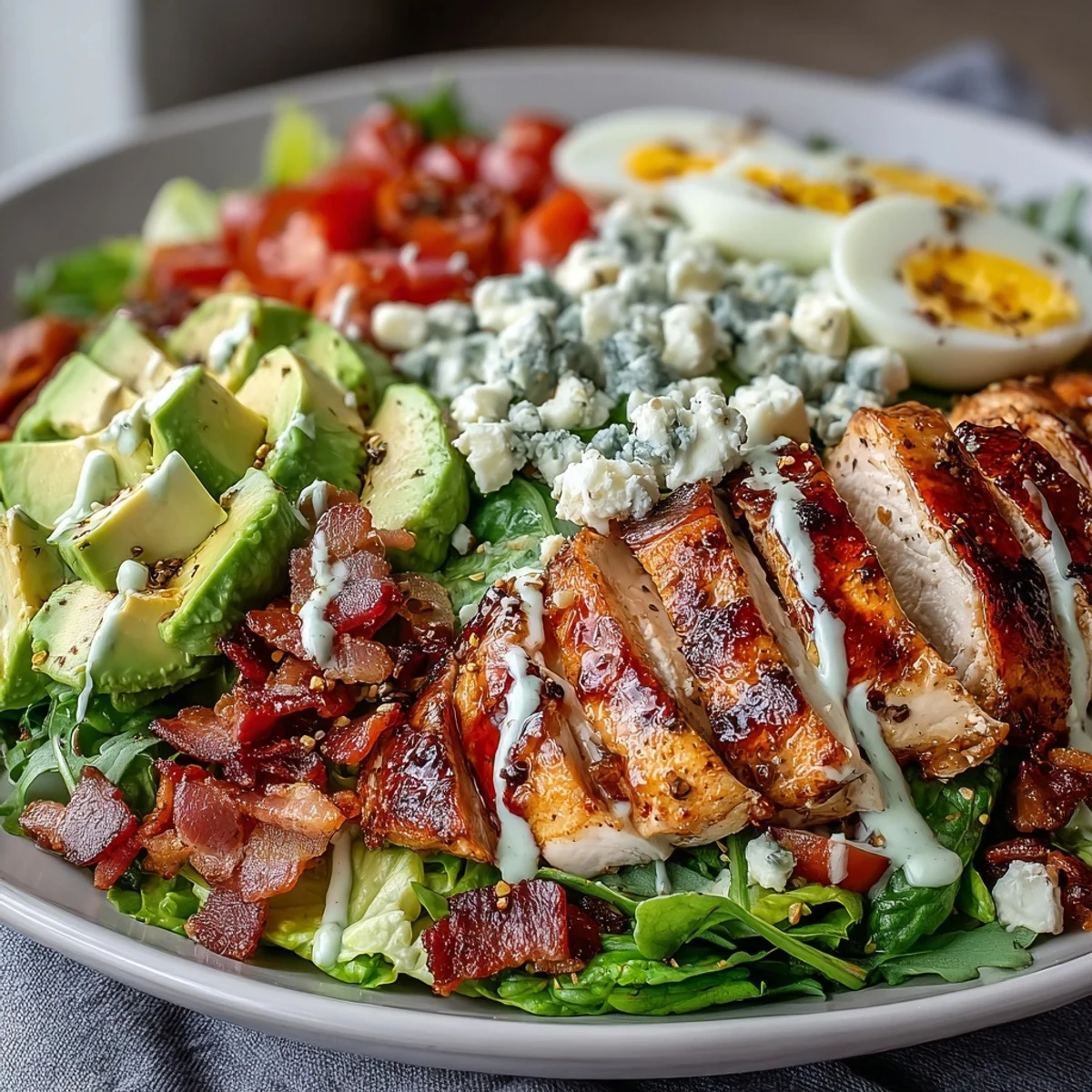Family-style Cobb Salad Bowl on a bed of romaine and iceberg, featuring bacon, avocado, and grilled chicken.