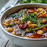 Steaming Minestrone Soup in a rustic pot with colorful vegetables and cannellini beans.