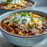 Hearty Taco Soup simmering in a Dutch oven with colorful beans, corn, and peppers.