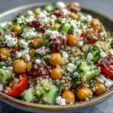 A colorful serving of High Protein Quinoa & Chickpea Salad topped with crumbled feta and fresh herbs.