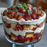 Beautiful layered Mothers Day Strawberry Shortcake Trifle with golden shortcake cubes, juicy red strawberries, and clouds of whipped cream in a glass bowl.