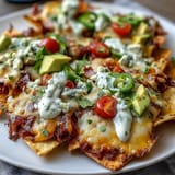 Gooey cheese sauce cascades over golden tortilla chips, topped with jalapeños, tomatoes, and cilantro for the ultimate game day snack.