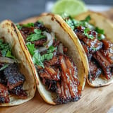 Juicy smoked brisket tacos piled high with zesty pickled red onions and fresh cilantro.