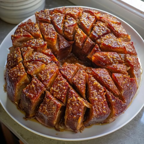 Close-up shot shows a glistening Slow-Cooked Honey Glazed Ham ready for carving, smells delicious.