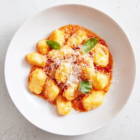 Creamy tomato gnocchi glistening with a rich, tomato sauce, perfectly accented with fresh basil.