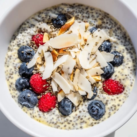 A close-up of Poppy Seed Chia Pudding in a glass jar, topped with fresh blueberries, raspberries, and toasted almonds.
