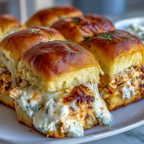 Golden-brown Pizza Dip Sliders with melted mozzarella and cheddar cheese bubbling over creamy Buffalo chicken filling inside soft Hawaiian rolls.  