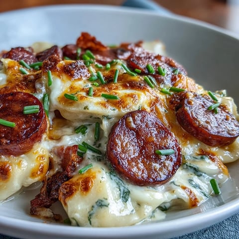 Golden brown kielbasa slices and melted cheddar cheese top the creamy Crockpot Pierogi Casserole, served hot and bubbly.