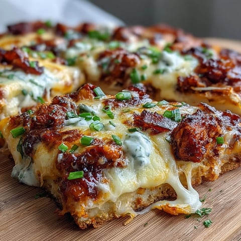 Freshly baked Buffalo Chicken Pizza with melted mozzarella and cheddar cheese, topped with spicy buffalo chicken, red onions, and green chives on a golden crust.  