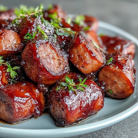 Tender mini smoked sausages slow-cooked in a sweet and tangy apricot-barbecue glaze, served warm with toothpicks for an easy party appetizer.  