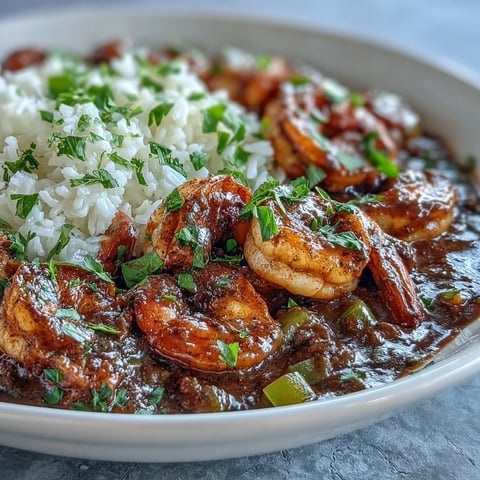Classic New Orleans Étouffée served over fluffy white rice, garnished with fresh parsley and green onions. 