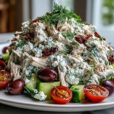 Creamy homemade tzatziki coats tender shredded chicken and crisp veggies in this refreshing Tzatziki Chicken Salad, served over greens.