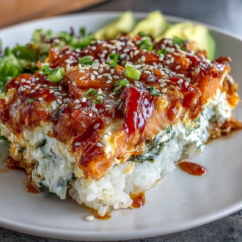 Freshly baked Spicy Salmon Sushi Bake in a glass dish, topped with creamy avocado slices and a drizzle of spicy mayo.