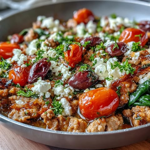 Sizzling Mediterranean Keto Ground Chicken Skillet with olives and feta, garnished with fresh parsley, served in a rustic skillet.