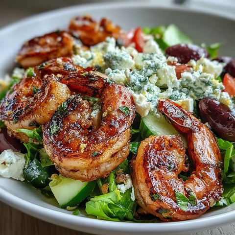 Brightly lit Greek Shrimp Bowl topped with grilled shrimp, crumbled feta, and briny Kalamata olives on a bed of crisp greens.