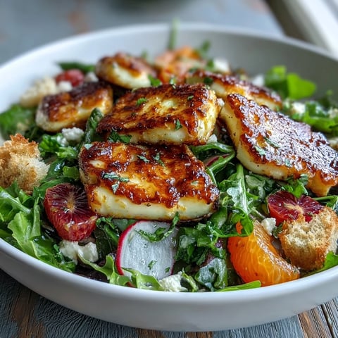 Crispy fried halloumi and blood orange segments on a bed of greens in Halloumi Blood Orange Fattoush.