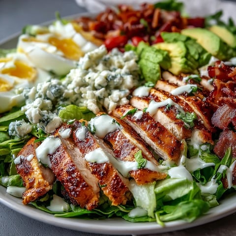 Cobb Salad Bowl with grilled chicken, crispy bacon, and creamy avocado on fresh greens, ready to serve.