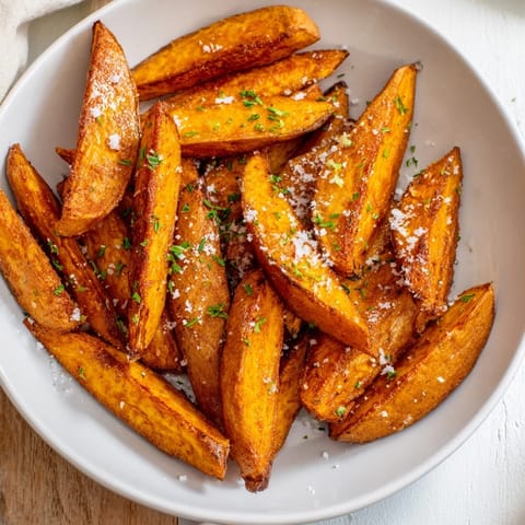 Smoky, savory flavor! Crispy Oven-Baked Sweet Potato Wedges, fresh from the oven, offering a delightful crunch.