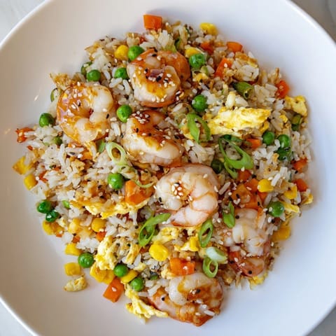 Perfectly cooked shrimp fried rice hack sizzling in a pan, ready for a quick and easy dinner.