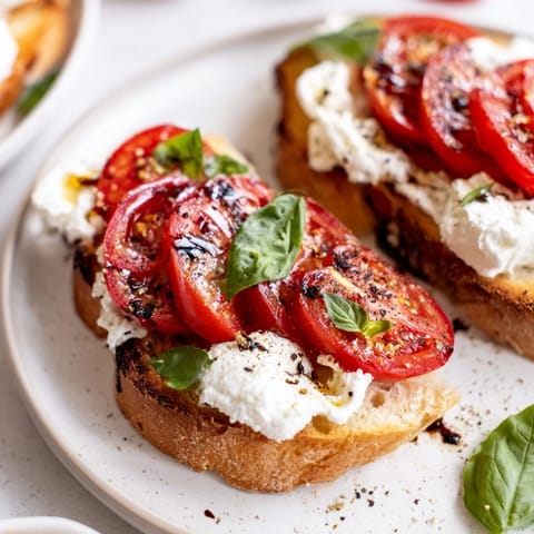 This Tomato Burrata Toast shows creamy white cheese alongside red tomato slices, drizzled with olive oil and basil.