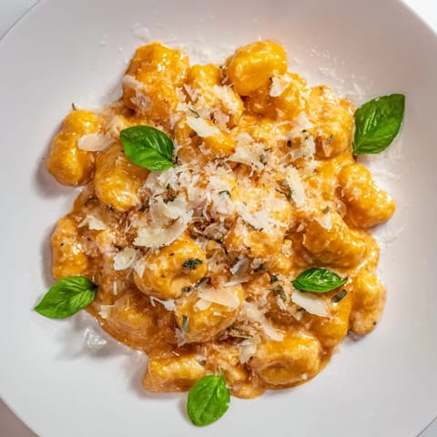 Pillowy, tender cream tomato gnocchi in a creamy, red sauce, ready to be enjoyed as dinner.