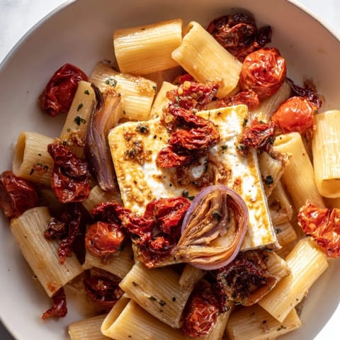 Creamy baked feta pasta with sun-dried tomatoes—a comforting, cheesy Mediterranean delight on a plate.