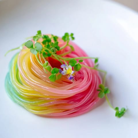 Chilled Neon Noodle Clouds, a whimsical and visually stunning appetizer, ready to serve with flavorful sauce.