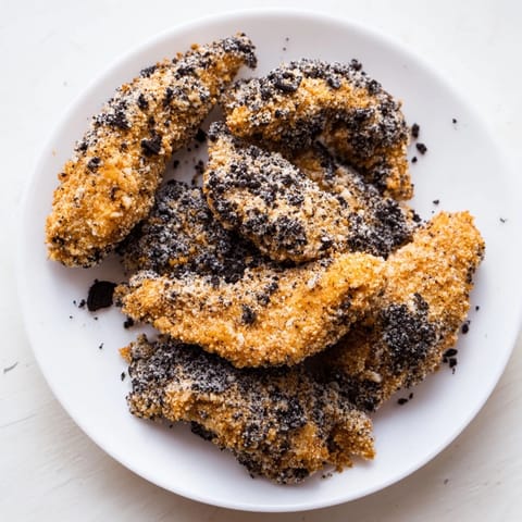 Close-up of freshly fried DIY KFC Oreo Krusher-inspired chicken tenders, looking juicy and coated with Oreo crumbs.