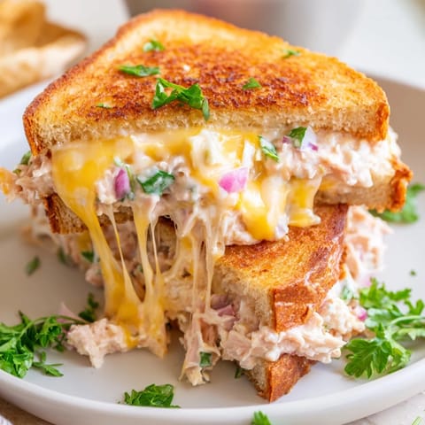 A close-up view shows the gooey melted cheese oozing from a spicy tuna melt sandwich, garnished with parsley.  