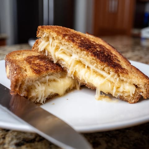 A plated Three-Cheese Grilled Cheese, golden brown crust with melted cheese oozing, served beside a red bowl of tomato soup.  
