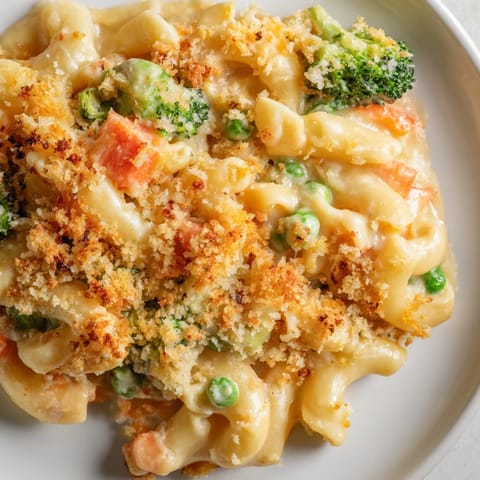 A hearty vegetarian Garden Veg Mac and Cheese with melted cheddar, mozzarella, and tender vegetables in a creamy sauce.