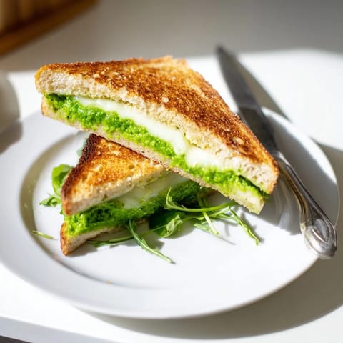 A close-up of the Spring Pea Pesto Grilled Cheese, oozing mozzarella and aromatic basil pesto between buttery bread slices.