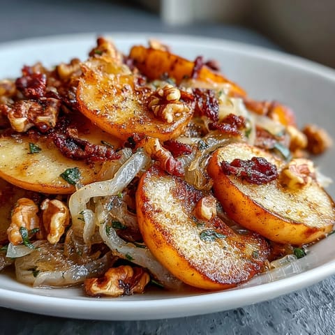 Steaming golden apples and tangy sauerkraut fill this warm skillet salad, garnished with fresh parsley and toasted walnuts.