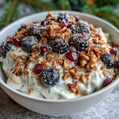 A cozy breakfast bowl with spiced crunch, sweet maple, and vibrant blueberries and pomegranate seeds.  