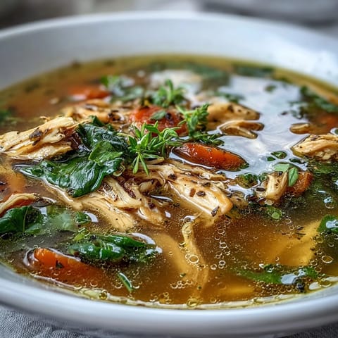 Creamy high protein lemon and turmeric chicken soup steaming beside fresh parsley garnish, bright yellow broth and colorful vegetables.