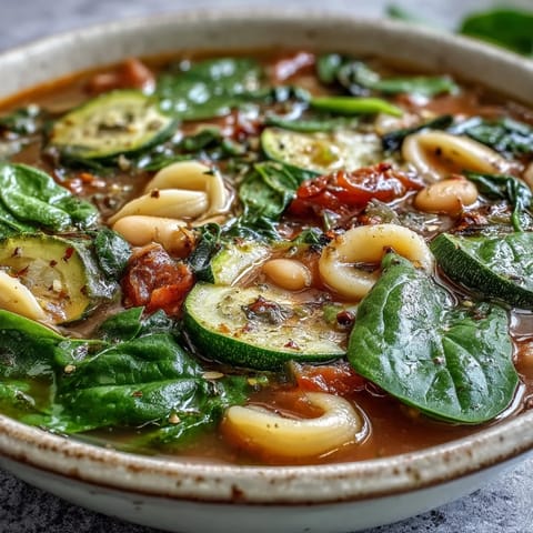 Hearty Italian Minestrone Soup simmering in a pot, showing fresh vegetables, beans, and herbs for a wholesome vegetarian meal.