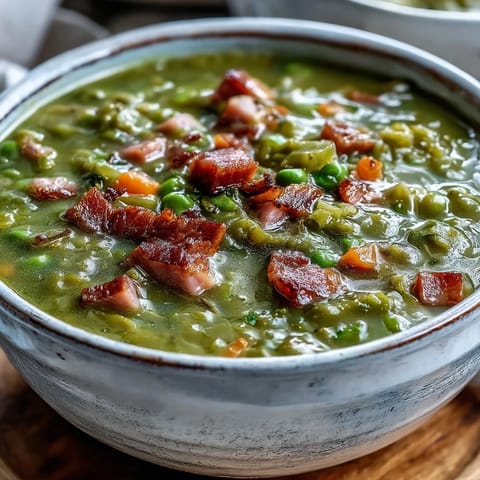 Thick, savory Split Pea and Ham Soup in a rustic bowl, featuring tender peas and chunks of meaty ham from the bone.