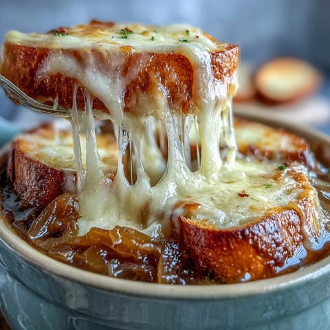 Slow-caramelized yellow onions simmer in a Dutch oven with thyme and beef broth, creating a deeply savory base.