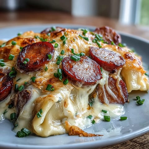 A spoonful of the Crockpot Pierogi Casserole reveals soft pierogi and savory kielbasa coated in a rich, creamy sauce.