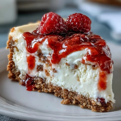 A freshly cut piece of White Chocolate Raspberry Cheesecake Bliss, garnished with a fresh raspberry and drizzled with rich white chocolate sauce.