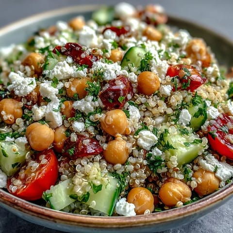 A colorful serving of High Protein Quinoa & Chickpea Salad topped with crumbled feta and fresh herbs.